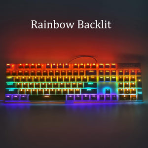 Mechanical Gaming Keyboard with Rainbow LED Backlit, 104-Key Anti-Ghosting Blue Switch Metal Panel Light up Keyboard Ergonomic Design Wired USB for PC, Laptop, Mac (Blue-White)
