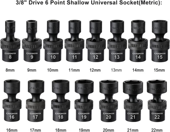 15 PCS 3/8" Drive Standard Universal Impact Socket Set, 6-Point, Metric, 8Mm - 22Mm