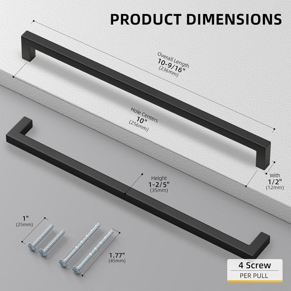 10 Pack Black Square Bar Cabinet Pull Drawer Handle Stainless Steel Modern Hardware for Kitchen and Bathroom Cabinets Cupboard,Center to Center 10In(256Mm) Black Drawer Pulls