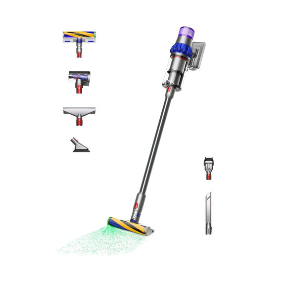 Dyson vacuum cleaner with various attachments on a white background