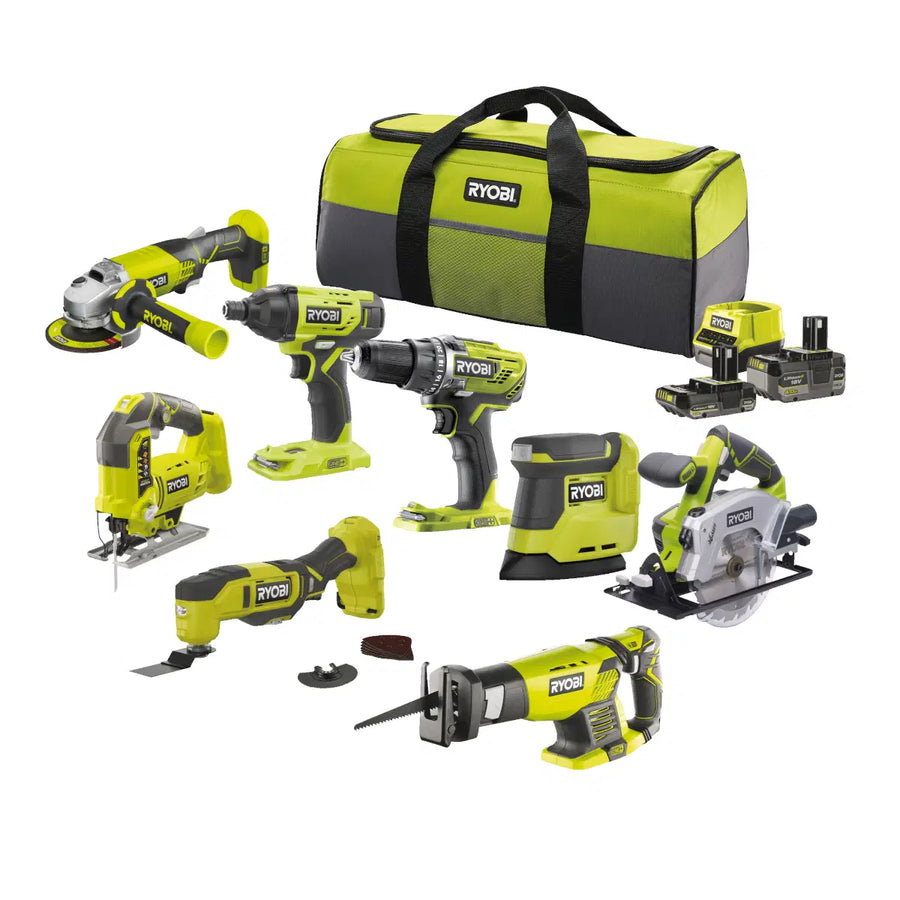 Ryobi 18V ONE+ Combo Kit 8-osainen sähkötyökalusarja käytännöllisessä laukussa, sisältää akut ja tarvikkeet 