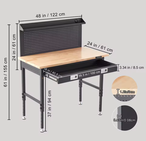 Kovapuusta valmistettu työpöytä, raskas tammilankku, hiiliteräs, 3 m vaijeri, 30 koukkua, autotalliin, toimistoon, työpajaan 