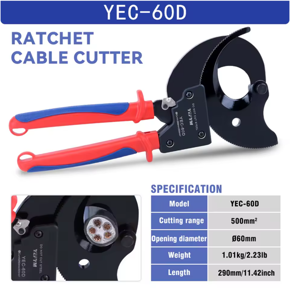 Räikkäkaapelileikkurit Johdinpihdit YEC-36D raskaaseen käyttöön tarkoitetut johtimien leikkurit monisäikeisille alumiini- ja kuparikaapeleille, joiden halkaisija on enintään 240 mm² 